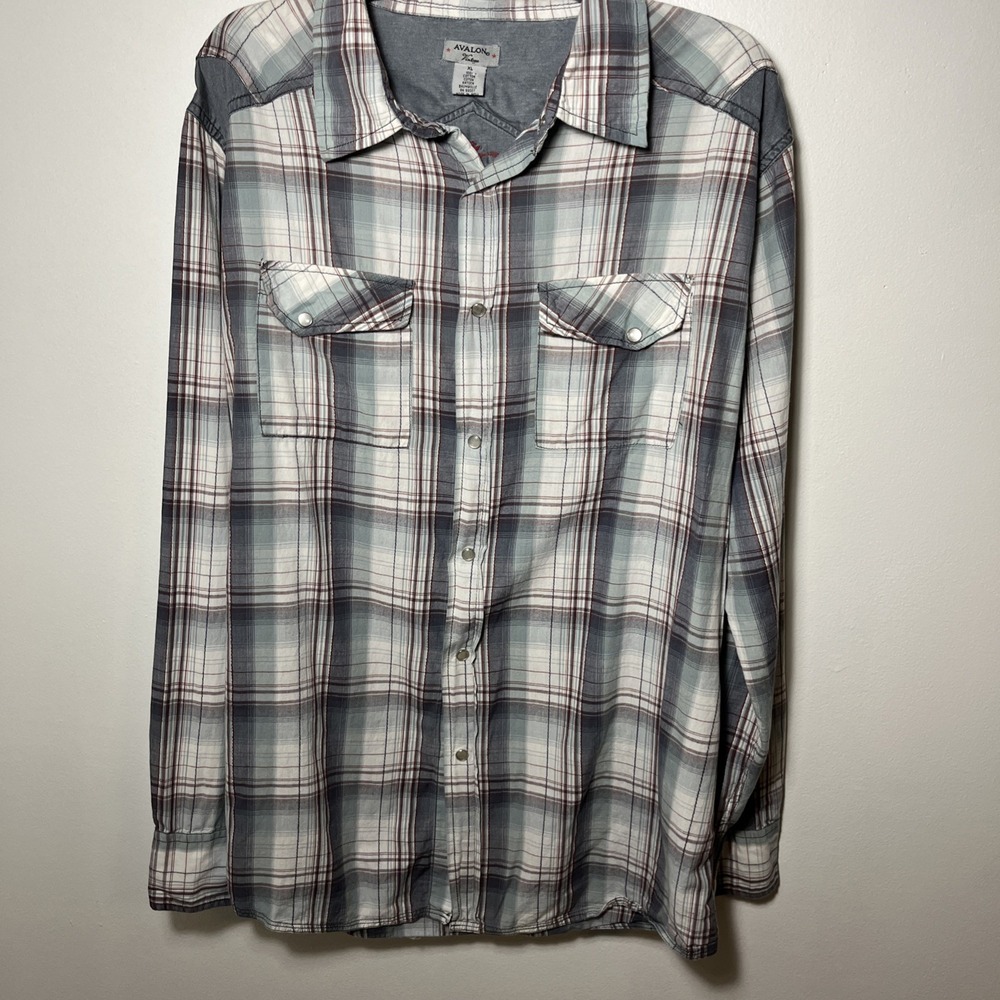 Avalon Men's Pearl Snap‎ Shirt XL Long Sleeve Multicolor Plaid Custom Embroidery